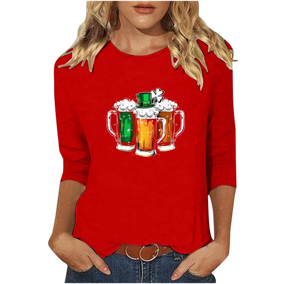 Goodeals Womens Tops Funny Lucky Irish Shamrock Leprechaun Graphic Shirts Casual 3/4 Sleeve Loose Fit T Shirts Tunics Fashion Saint Patricks Day Clover Tshirts(Red,L)