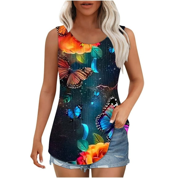 Goodeals Womens Tunic Tank Tops 2025 Cute Butterfly Sleeveless Shirts Pleated Square Neck Casual Top Loose Fit Summer Camisole Tees(Multicolor,XXL)