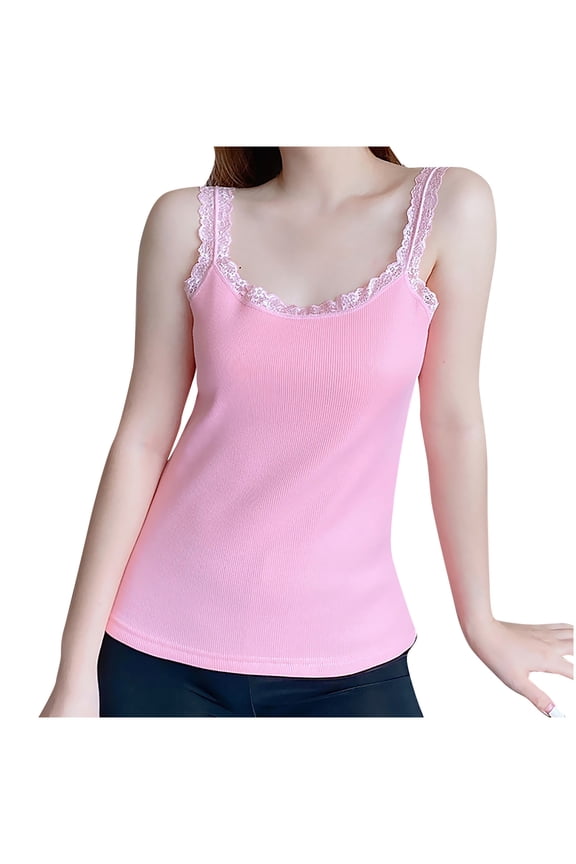 Womens Warm Sherpa Lined Tank Tops Winter Lace Trim Square Neck Camisole Basic Sleeveless Slim Fitting Undershirts(Pink,XXL)
