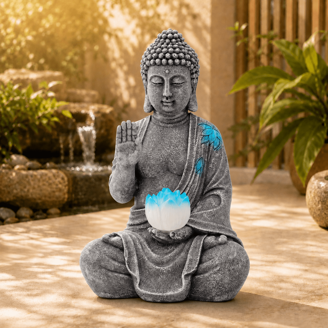 Goodeco 11 inch Seated Buddha Statue with Solar Lotus Flower Sculpture - Zen Statues for Patio Lawn Yard Balcony Home Decor - Gift idea(Gray)