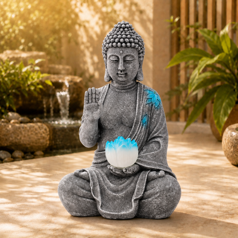 Goodeco 11 inch Seated Buddha Statue with Solar Lotus Flower Sculpture - Zen Statues for Patio Lawn Yard Balcony Home Decor - Gift idea(Gray)