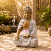 Goodeco 8.3 inch Seated Buddha Statue with Solar Lotus Flower Sculpture - Zen Statues for Patio Lawn Yard Balcony Home Decor - Gift ideaBrown