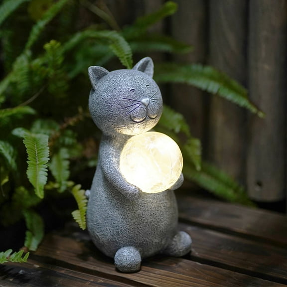 Goodeco Cat Statue Garden Decor Solar Powered LED Lights - Cats Figurines with Gazing Solar Ball Decorations for Patio Lawn Yard Decor - Gifts for Women/Mom Birthday Grey