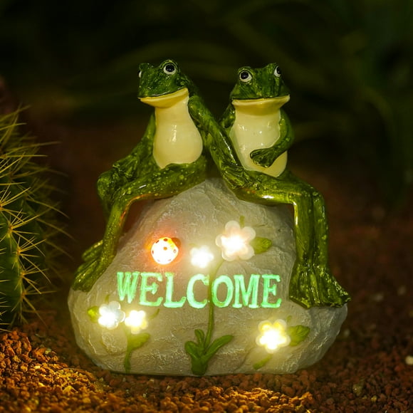 Goodeco Frog Statue Outdoor Decor - Resin Happy Frog Couple on Solar Stone Figurines, Garden Frog Decor Summer Decorations, for Patio Yard Lawn Ornament,Frog Gifts 8"