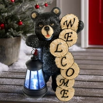 Goodeco Large Black Welcome Bear Statue with Solar Lantern Light,Home,Outdoor,Garden,Patio and Yard Decor,5.5*4.3*11.3 inches