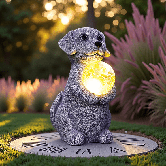 Solar Dog Garden Statues - Outdoor Decor with Gazing Ball Solar LED Lights