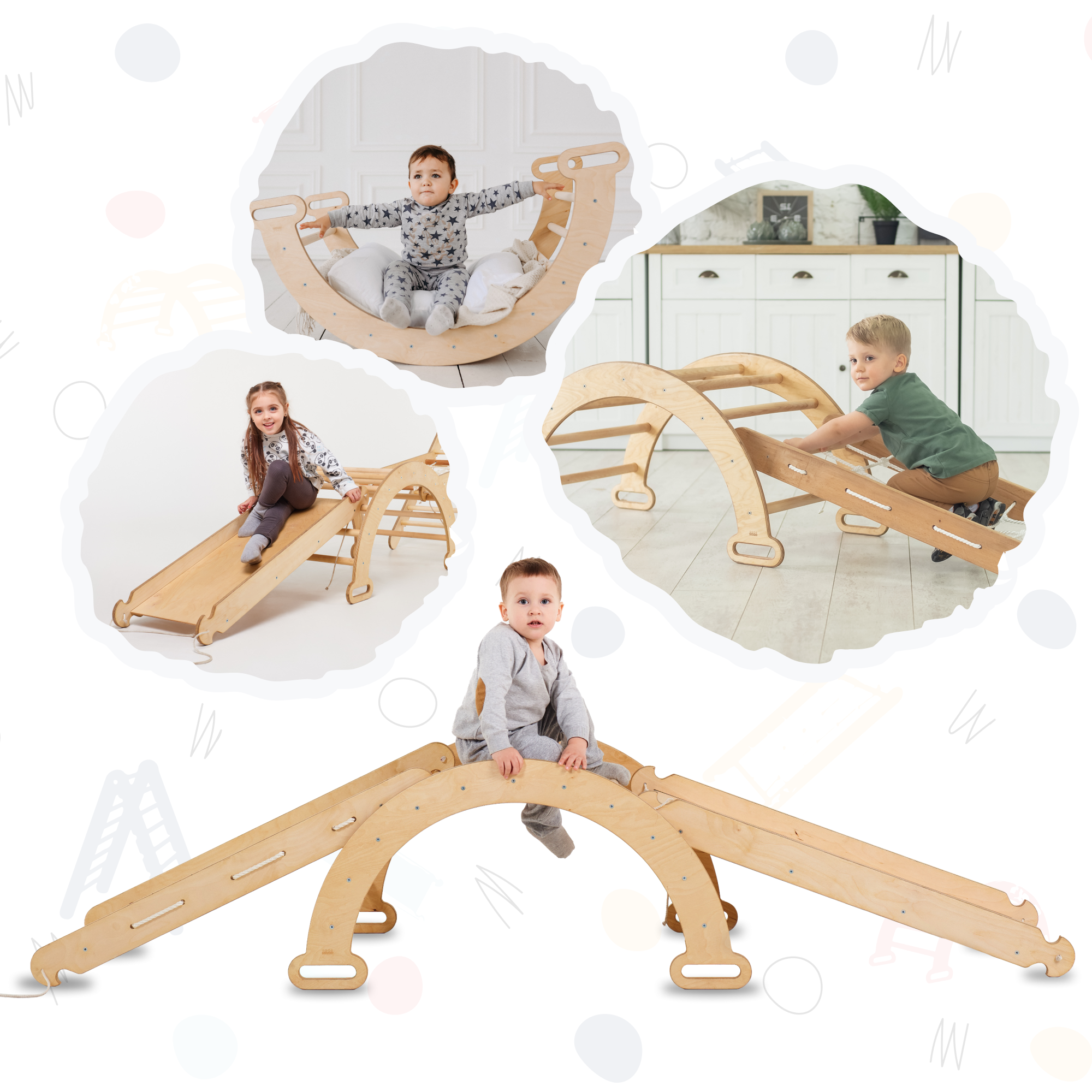 Goodevas 3in1 Montessori Climbing Frame Set Arch/Rocker + Slide Board