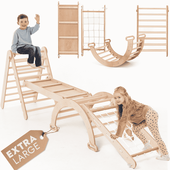 Goodevas 4-in-1 Wooden Montessori Indoor Climbing Frame with Triangle, Arch, Net & Ramp, Ages 1–5