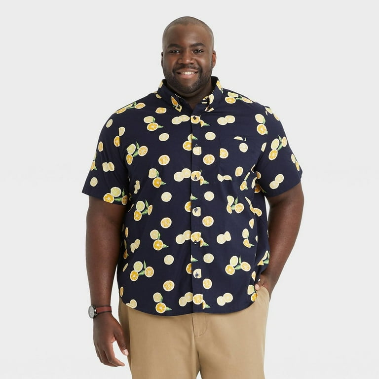 Goodfellow Co Men s Printed Short Sleeve Button Down Big Tall Medium Dark Navy Lemon Design 97 Cotton Walmart