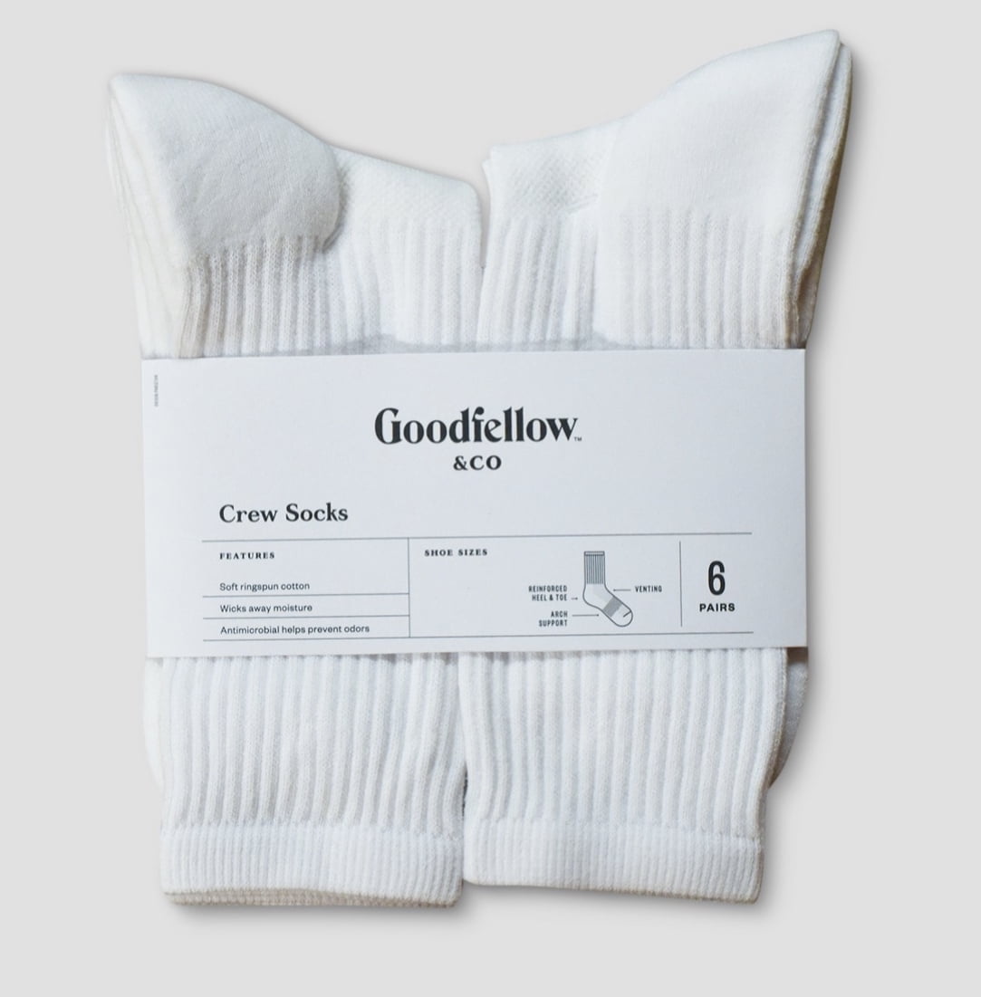 Goodfellow & Co Men's Breathable Odor Resistant Crew Socks, White (6)