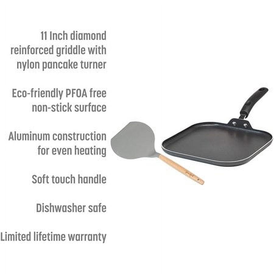 Goodful Aluminum Non-Stick Square Griddle Pan/Flat Grill, Made Without  PFOA, with Nylon Pancake Turner, Dishwasher Safe Cookware, 11 x 11,  Charcoal Gray 