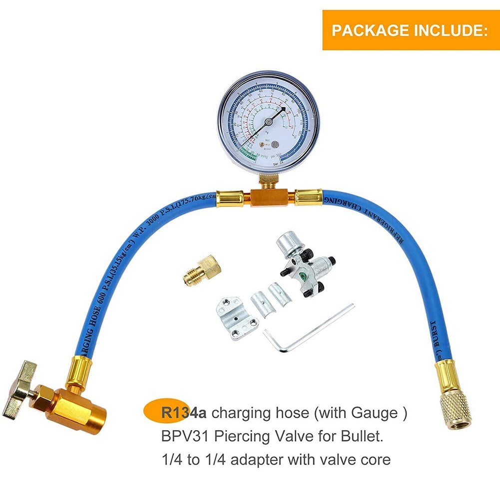 Goodhd R134A AC Recharge Hose w/ Gauge BPV31 Bullet Piercing Tap Valve