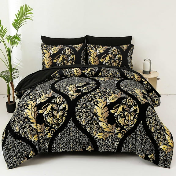Goodidea Glod Paisley 7pcs Comforter King Size,Black Soft Bed in a Bag Microfiber Adult(90"X104")