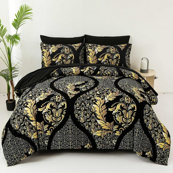Goodidea Glod Paisley 7pcs Comforter King Size,Black Soft Bed in a Bag Microfiber Adult(90"X104")