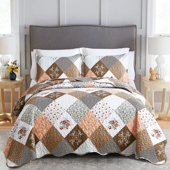 Goodidea Grid Patchwork Quilt Set Queen Size,3Pcs Brown Bedding Set Lightweight  Bedspread Adult(90"x96")
