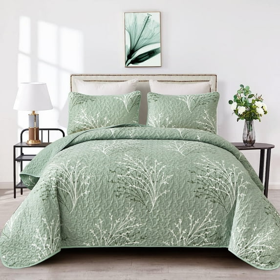 Goodidea Queen Size Quilt Set Botanical,3Pcs Green Boho Bedding Set Soft Coverlet Adult(90"x96")