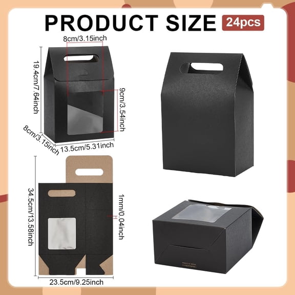 Goodies Boxes 24pcs Gift Boxes with Window Candy Treat Box Paper Box Black Gable Conatiner for Party Favors Snacks Donuts Cookie Candy Birthday Wedding Shower 5.3×3.2×7.6 Inches