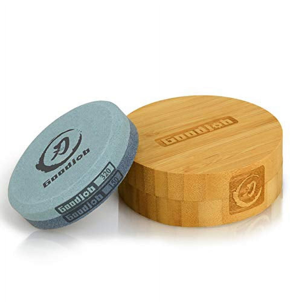 Goodjob Multi-Purpose Puck/Disk Hatchet & Axe Sharpening Stone, Dual Grit  150&320, 3.9 IN Large Whetstone, Easy to Master, Blade&Garden Tool  Sharpener Stone,With Magnetic Bamboo Box 