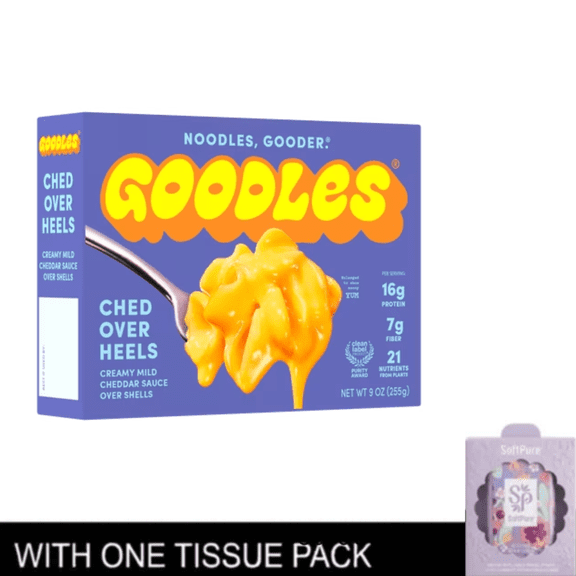 Goodles Deluxe Ched Over Heels Liquid Mac & Cheese, Mild Cheddar, Shells, Shelf Stable, 9 oz; Brand: GOODLES; Product Type: Packaged Meals with tissue pack