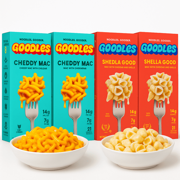 Goodles Mac and Cheese Variety Pack  Cheddy Mac Cheddar Macaroni & Shella Good White Cheddar Shells  High Protein Pasta Dinner Box, Non-GMO, 4 Count