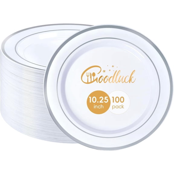 Goodluck 100PCS Silver Plastic Plates, 10.25 Inch Dinner Plate with Silver Rim, Heavy Duty Disposable Plastic Plates for Party, Wedding, Birthday & Daily Use