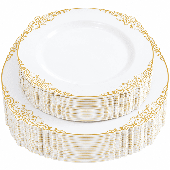 Goodluck 100 Count Gold Rim Disposable Plastic Plates for 50 Guests, Vintage Dinnerware Set for Party, Wedding & Graduation