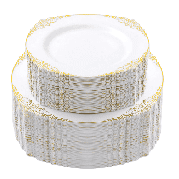 Goodluck Vintage Gold Rim Disposable Plastic Dinnerware Set 100 Count 10.25 Inch Dinner and 7.5 Inch Dessert Plates