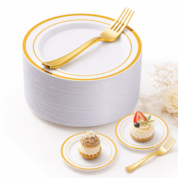Goodluck 120-Piece Gold Plastic Dessert Plate and Fork Set, 60 7-Inch Plates with 60 7.4-Inch Forks for Weddings, Birthdays & Parties
