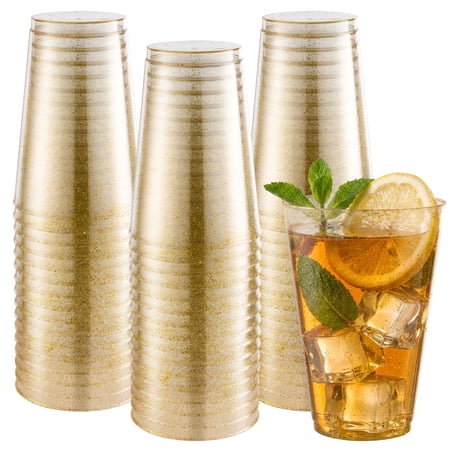 Goodluck 50 Pack 14 oz Gold Glitter Plastic Cups, Disposable Cocktail Glasses for Wedding, Birthday, Party and Holiday