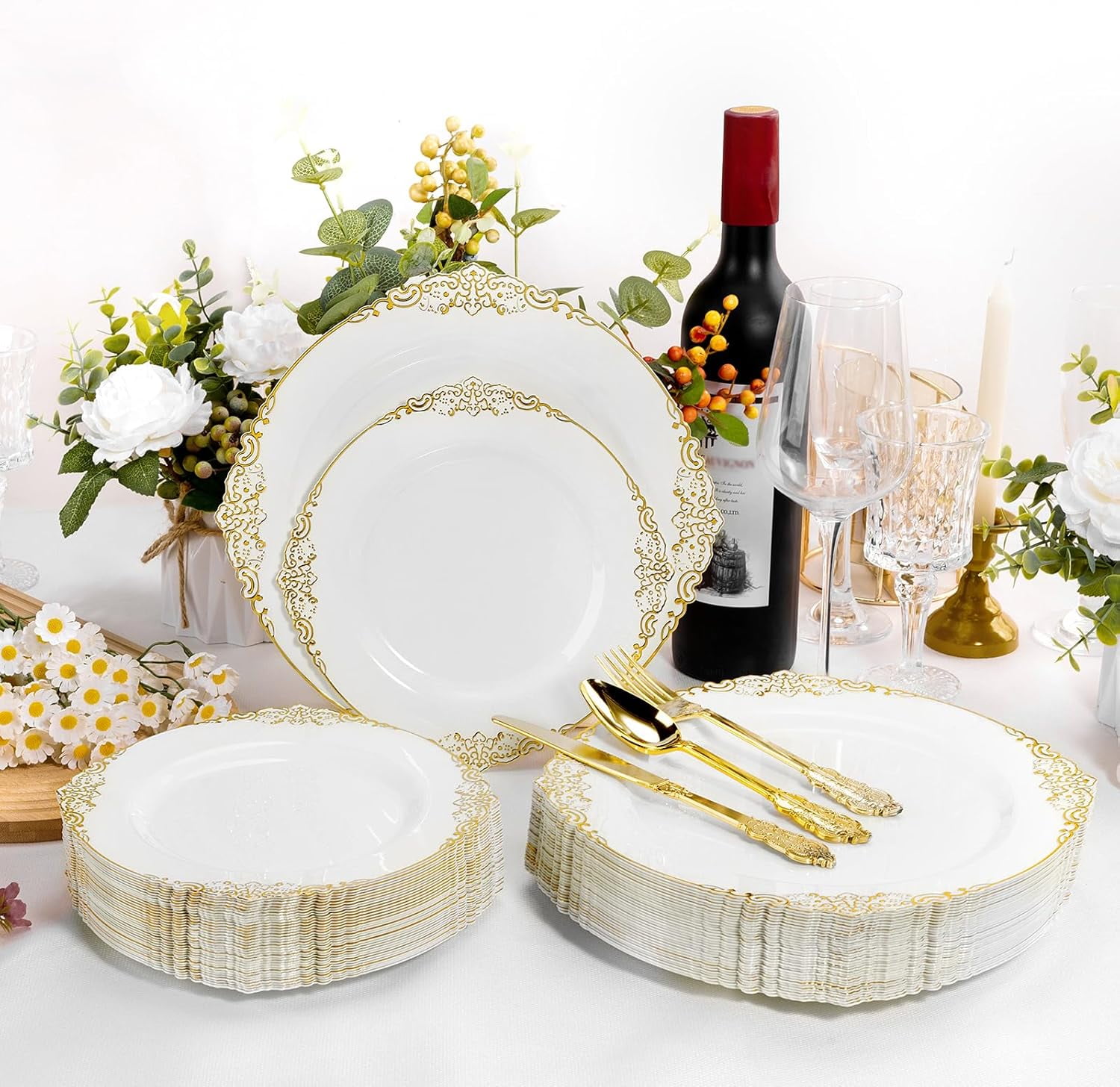 Goodluck 200 PCS White and Gold Plastic Plates for 100 Guests, Gold Disposable Plates Include 100 PCS Dinner Plates, 100 PCS Dessert Plates for Party, Wedding and Graduation