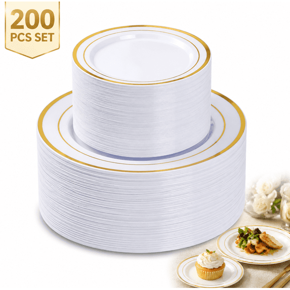 Goodluck Party Heavy Duty Disposable Plates 200 Count Gold Plastic Dinnerware Set for Wedding, Birthday, Party