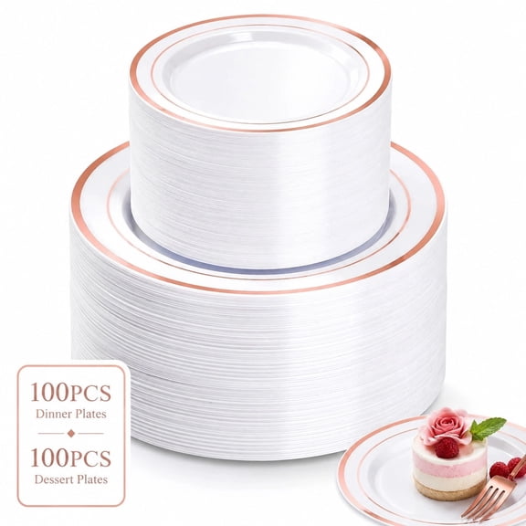 Goodluck Disposable Plastic Plates 200PCS Rose Gold Heavy Duty Plates with 100 10.25 inch Dinner Plates and 100 7.5 inch Dessert Plates for Party, Wedding, Valentines