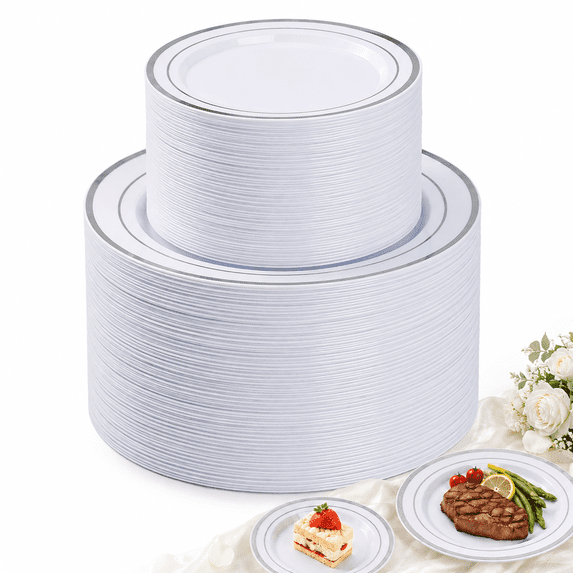 Goodluck 200-Piece Silver Plastic Plates, Disposable Dinnerware Set with 100 Dinner Plates and 100 Dessert Plates for Party, Wedding and Birthday