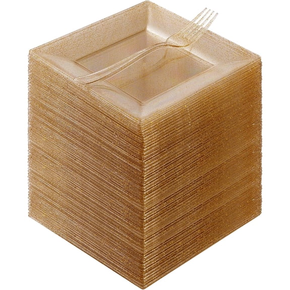 Goodluck 240PCS 6.5" Square Gold Glitter Dessert Plastic Plates with 7.4" Forks, Gold Appetizer Plates for 120 Guests, Including 120 Disposable Cake Plastic Plates and 120 Forks for Wedding/Birthday
