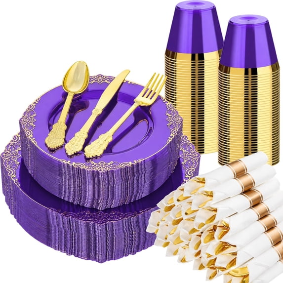 Goodluck 350-Piece Purple Disposable Dinnerware Set, Gold Rim Plastic Plates, Cups, Silverware and Pre-Rolled Napkins for 50 Guests, Party, Wedding, Birthday