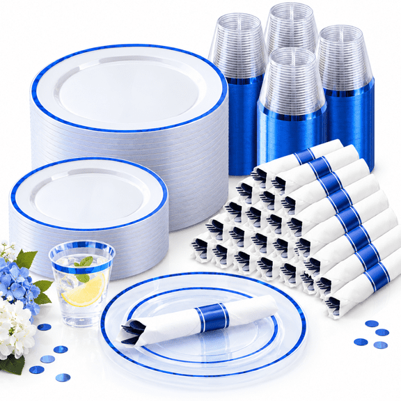Goodluck 350 Pcs Clear Plastic Dinnerware Set for 50 Guests, Dark Blue Rim Plates, Cups, Cutlery & Pre-Rolled Napkins for Wedding, Birthday, Party