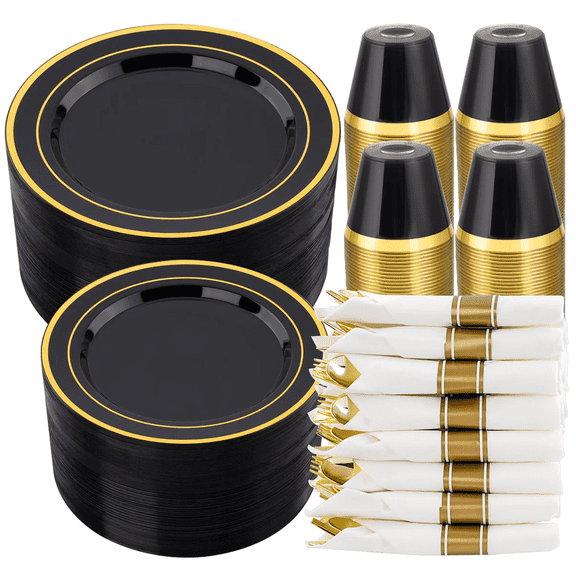 Goodluck 350 Piece Black Gold Plastic Dinnerware Set for 50 Guests, Fancy Disposable Plates for Party, Include: 50 Dinner Plates, 50 Dessert Plates, 50 Pre Rolled Napkins with Silverware, 50