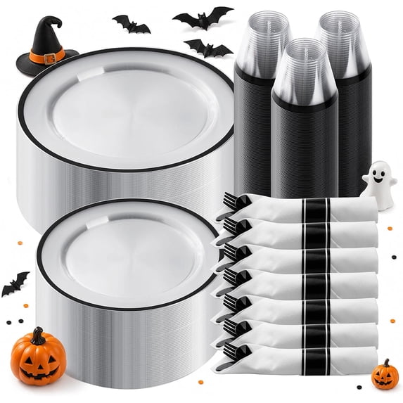 Goodluck 350-Piece Disposable Dinnerware Set for 50 Guests, Clear Plastic Plates with Black Rim, Rolled Napkin Cutlery & Cups for Wedding & Party