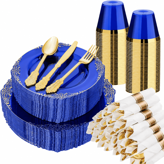 Goodluck 350-Piece Royal Blue Disposable Dinnerware Set for 50 Guests, Gold Rim Plastic Plates, Cups & Pre Rolled Napkins with Silverware for Party, Wedding, Birthday