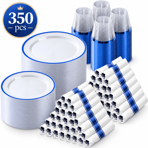 Goodluck 350 Pcs Clear Plastic Dinnerware Set for 50 Guests, Dark Blue Rim Plates, Cups, Cutlery & Pre-Rolled Napkins for Wedding, Birthday, Party