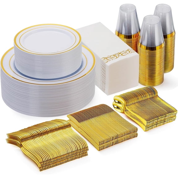Goodluck 350 Pieces Gold Dinnerware Set for 50 Guests, Plastic Plates Disposable for Party, Include: 50 Gold Rim Dinner Plates, 50 Dessert Plates, 50 Paper Napkins, 50 Cups, 50 Gold Silverware Set