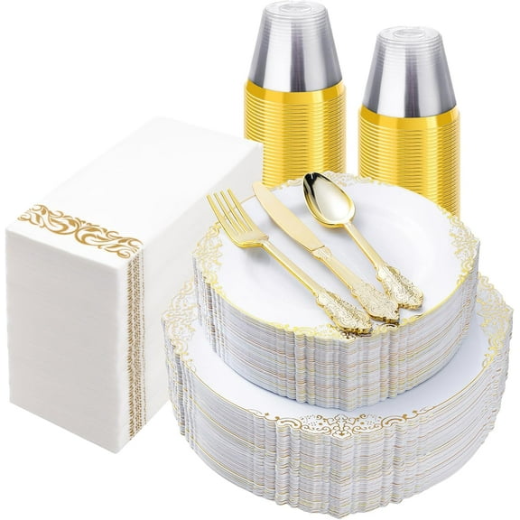 Goodluck 350PCS White and Gold Plastic Plates for 50 Guests, Disposable Dinnerware Set Includes 100 Disposable Plates, 150 Gold Silverware, 50 Cups, 50 Napkins for Party, Wedding