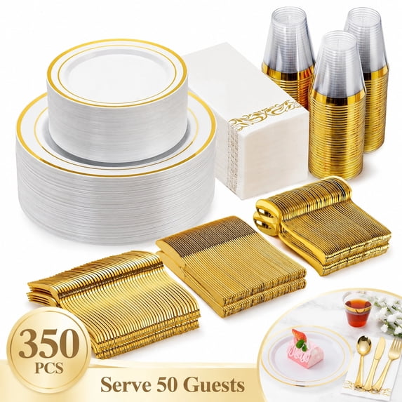 Goodluck Disposable Plastic Dinnerware Set 350 Pcs Serves 50 Guests, Heavy Duty Tableware Kit with Gold Rim Plates Cups Napkins Silverware for Wedding Birthday Party