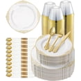 thumbnail image 1 of Goodluck 350PCS Gold Plastic Plates for 50 Guests, Disposable Dinnerware Sets Include 100 Gold Rim Plastic Plates, 50 Silverwares, 50 Cups, and 50 Pre Rolled Napkins for Party, Wedding, Graduation, 1 of 7