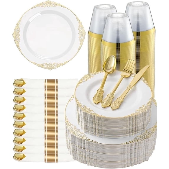 Goodluck 350PCS Gold Plastic Plates for 50 Guests, Disposable Dinnerware Sets Include 100 Gold Rim Plastic Plates, 50 Silverwares, 50 Cups, and 50 Pre Rolled Napkins for Party, Wedding, Graduation