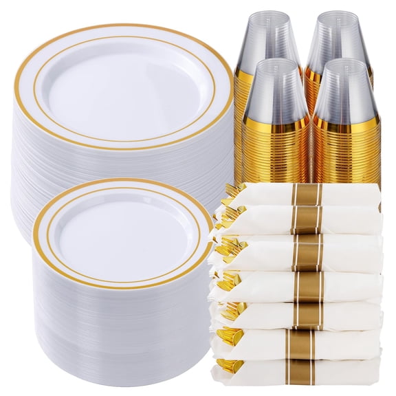 Goodluck Disposable Gold Plastic Dinnerware Set for 50 Guests, 350-Piece Party Tableware with Dinner Plates, Dessert Plates, Cups, Cutlery & Pre-Rolled Napkins