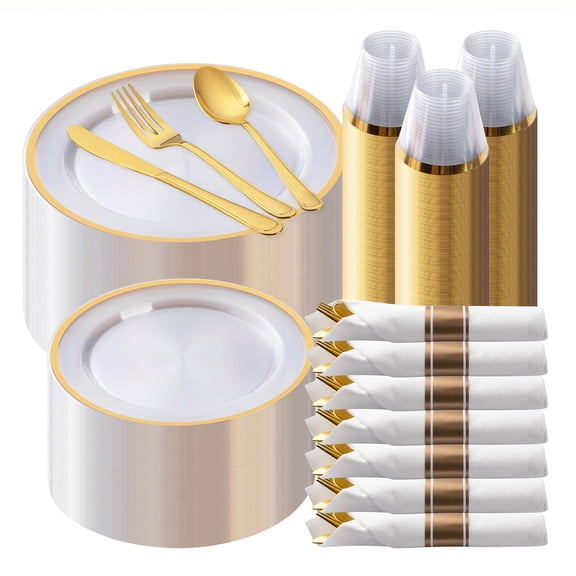 Goodluck Disposable Clear Plastic Dinnerware Set with Gold Trim for 50 Guests, 350 Pieces Party Tableware with Gold Cutlery, Cups & Napkins