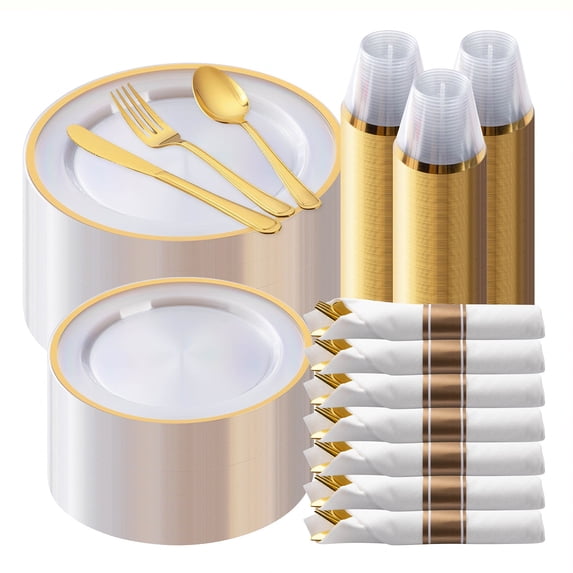 Goodluck Disposable Clear Plastic Dinnerware Set with Gold Trim for 50 Guests, 350 Pieces Party Tableware with Gold Cutlery, Cups & Napkins