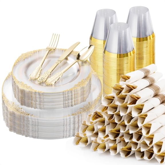 Goodluck 350 Pieces Clear Gold Rim Plastic Disposable Dinnerware Set for 50 Guests Fancy Disposable Plates for Wedding and Party