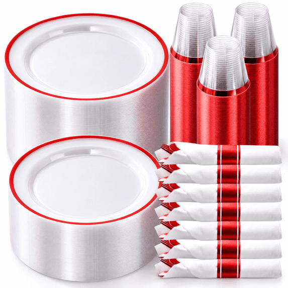 Goodluck 350 Piece Clear Plastic Dinnerware Set with Red Rim for 50 Guests, Disposable Plates, Rolled Napkin Cutlery Sets & Cups for Wedding, Christmas, Party